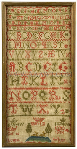 Antique Needlework, Marking Sampler by Lowisa White, Circa 1754, entire view